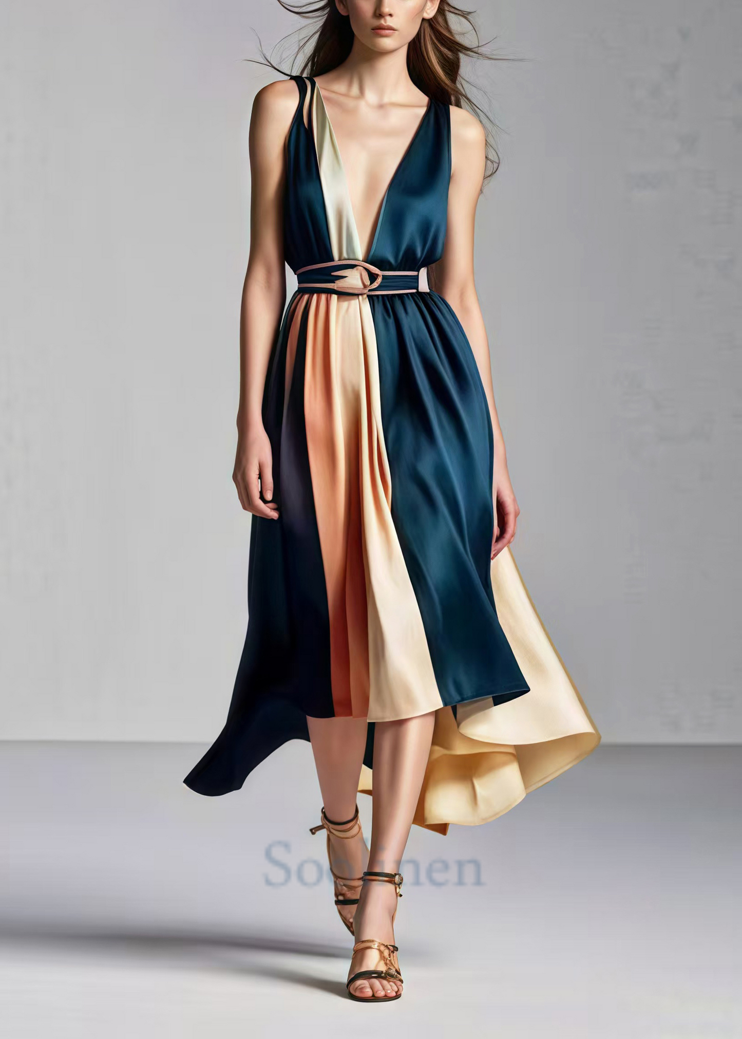 Blackish Green Cinched Patchwork Silk Party Dress Summer