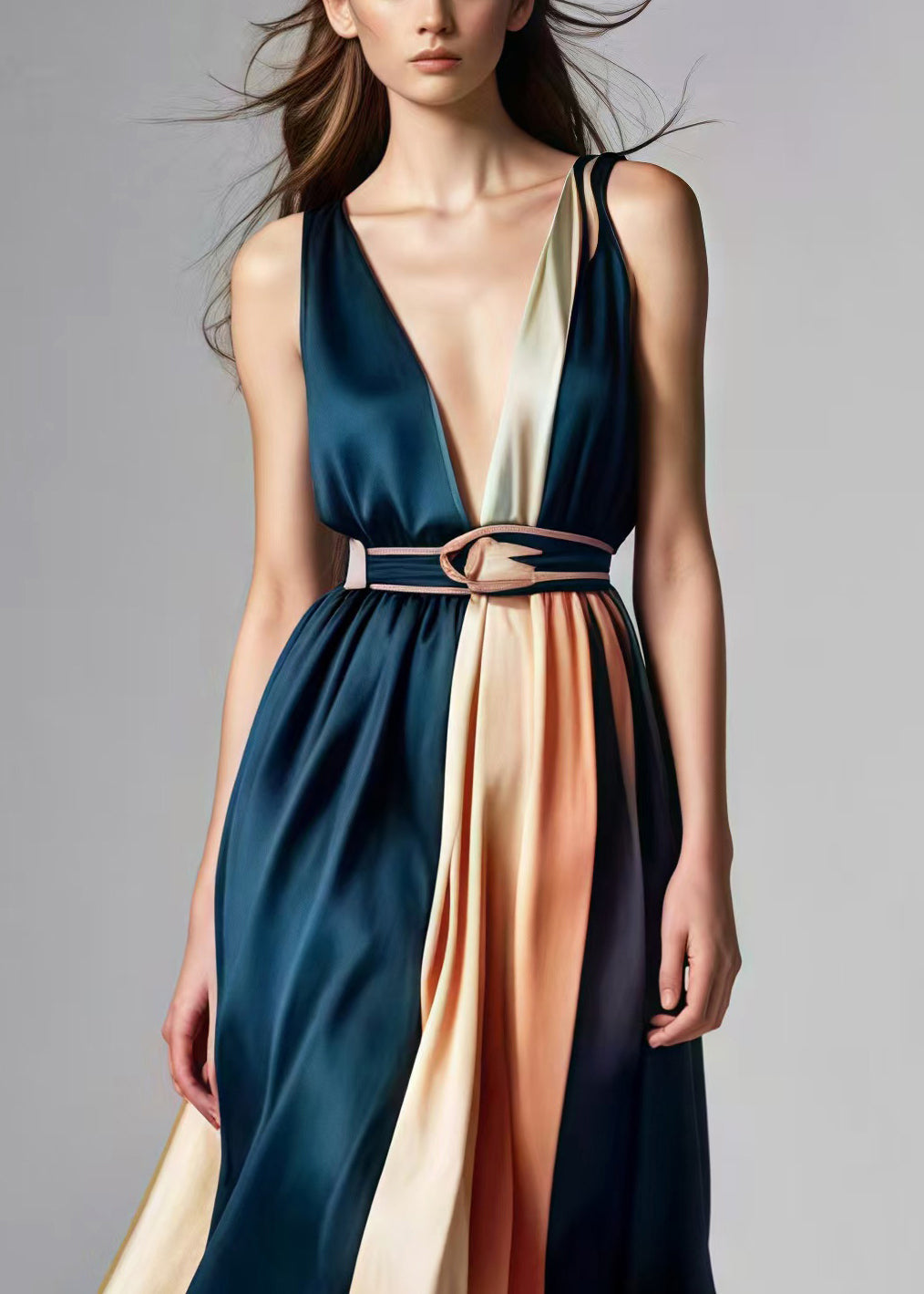 Blackish Green Cinched Patchwork Silk Party Dress Summer