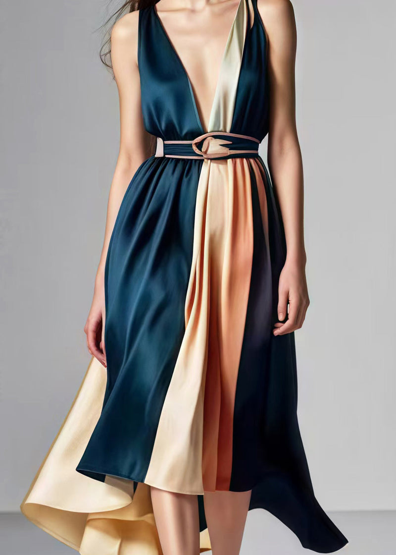 Blackish Green Cinched Patchwork Silk Party Dress Summer