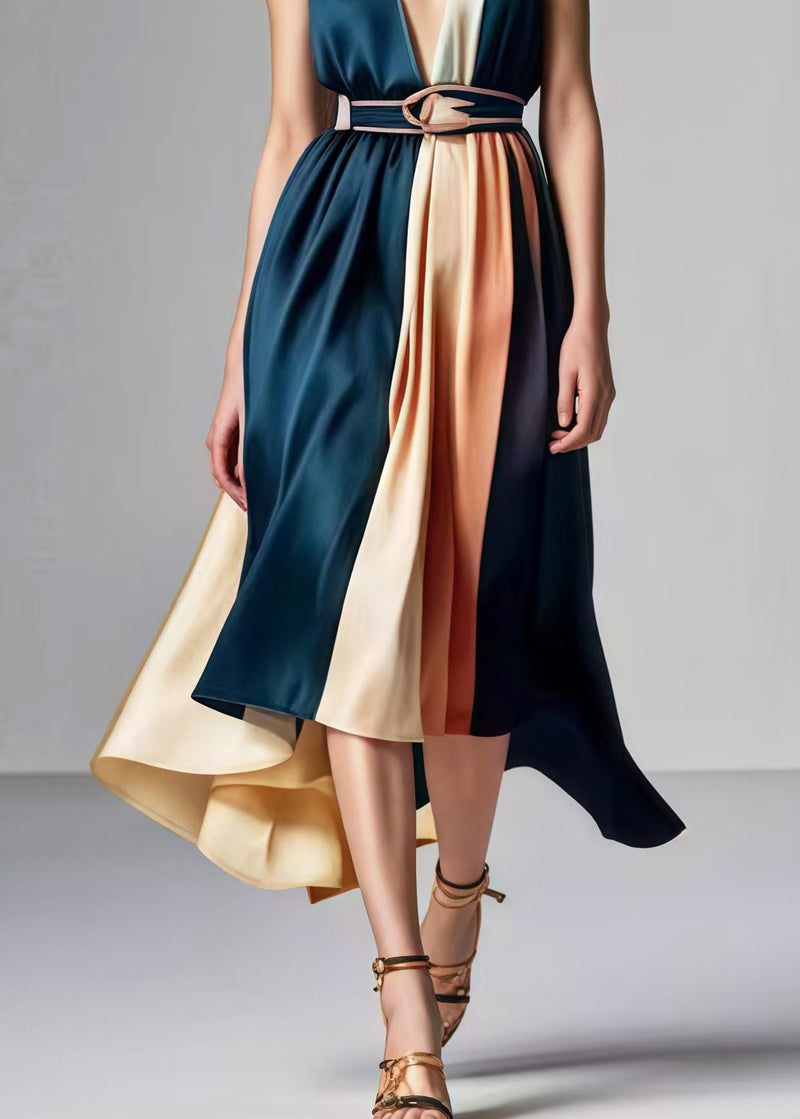 Blackish Green Cinched Patchwork Silk Party Dress Summer