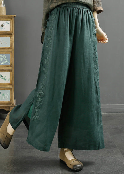 Blackish Green Embroidered Side Open Linen Crop Pants Spring
