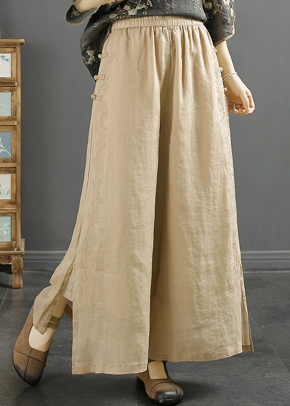 Blackish Green Embroidered Side Open Linen Crop Pants Spring