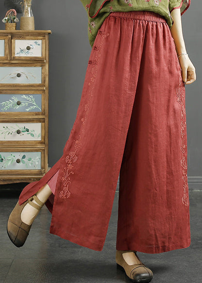 Blackish Green Embroidered Side Open Linen Crop Pants Spring