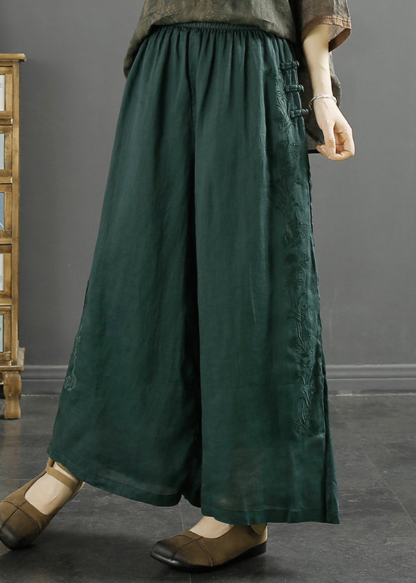 Blackish Green Embroidered Side Open Linen Crop Pants Spring