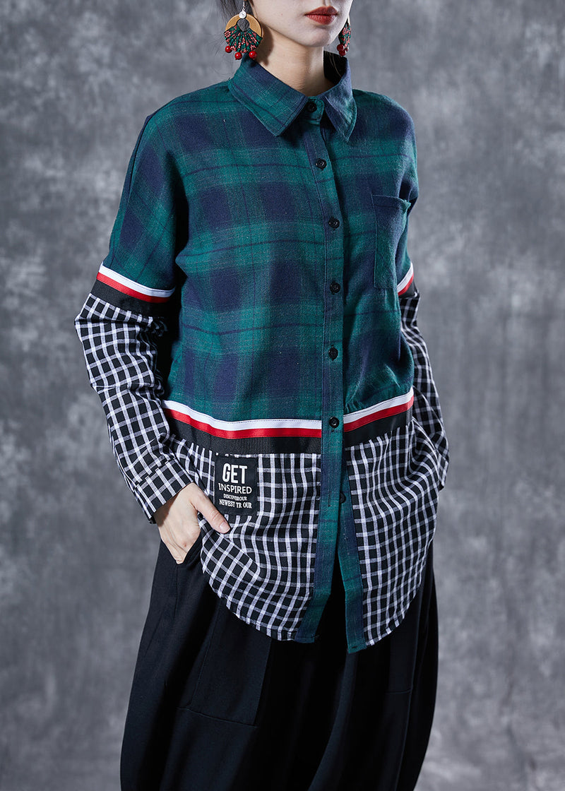 Blackish Green Peter Pan Collar Patchwork Plaid Cotton Shirts Spring
