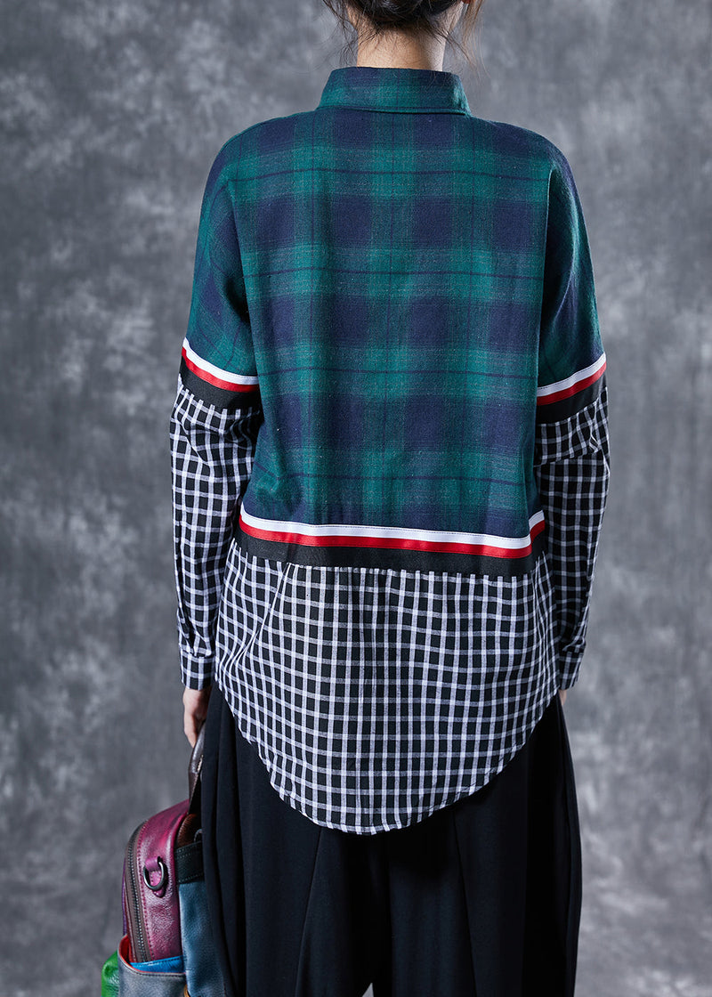 Blackish Green Peter Pan Collar Patchwork Plaid Cotton Shirts Spring