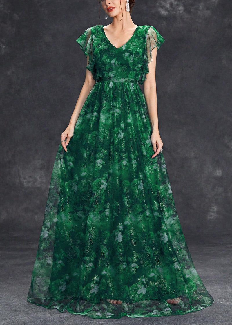 Blackish Green Ruffled Patchwork Tunic Tulle Maxi Dress Summer