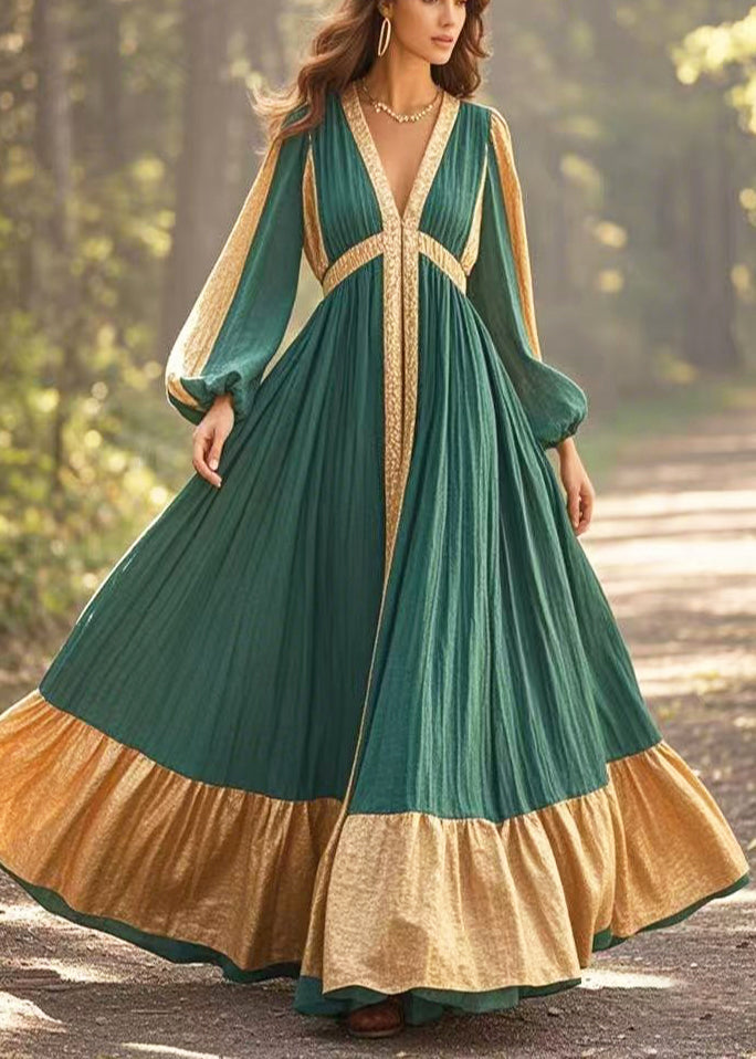 Blackish Green V Neck Patchwork Exra Large Hem Cotton Vestidos Dress Spring