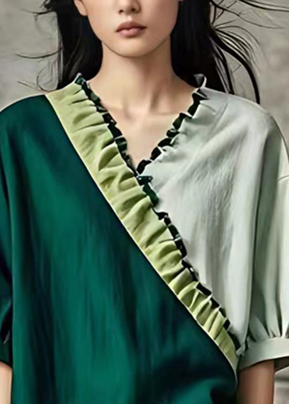 Blackish Green V Neck Patchwork T Shirt Summer