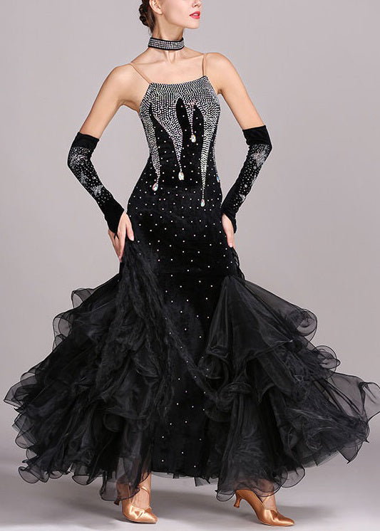 Blackish Green Zircon Tulle Patchwork Spaghetti Strap Dress Sleeveless
