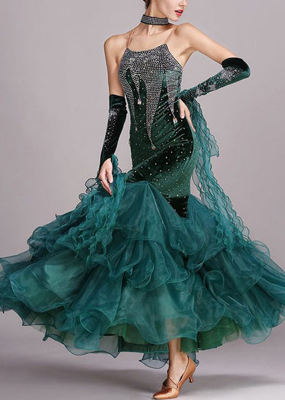 Blackish Green Zircon Tulle Patchwork Spaghetti Strap Dress Sleeveless