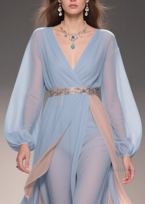 Blue Asymmetrical High Waist Patchwork Chiffon Party Dress