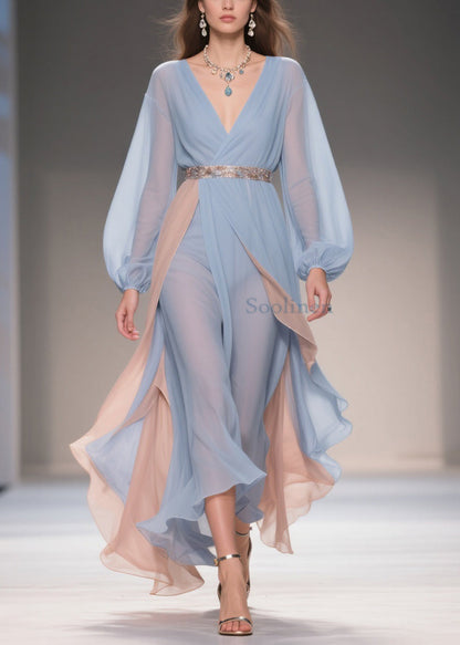 Blue Asymmetrical High Waist Patchwork Chiffon Party Dress
