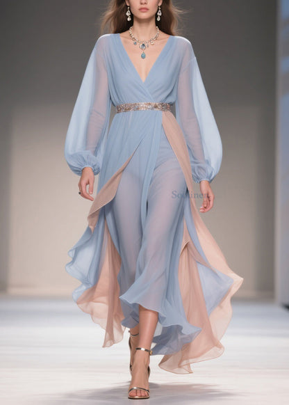 Blue Asymmetrical High Waist Patchwork Chiffon Party Dress