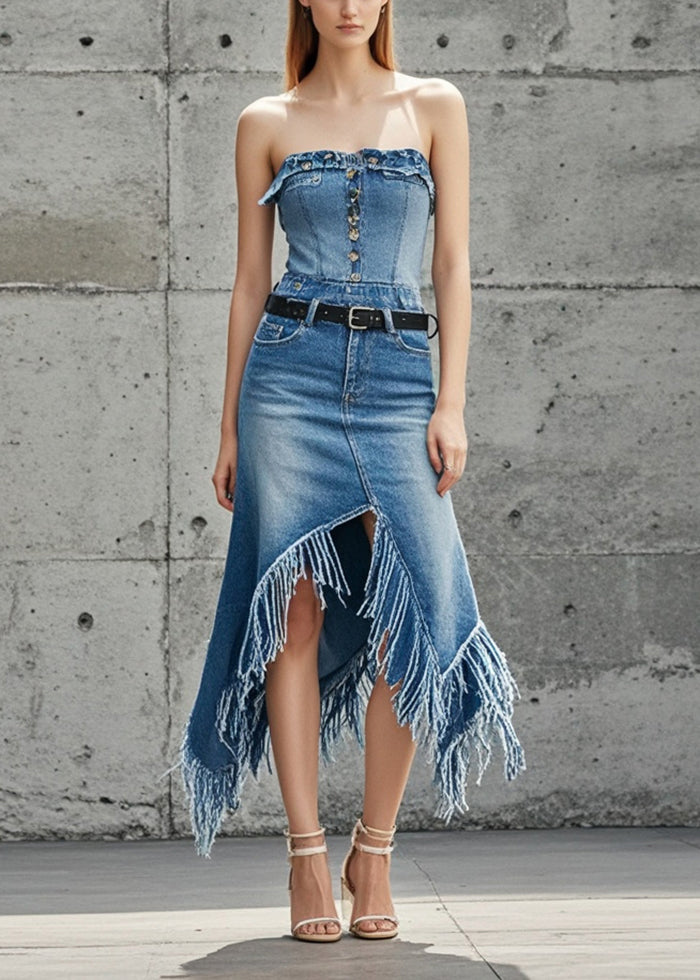 Blue Asymmetrical Patchwork Tasseled Denim Skirts Spring