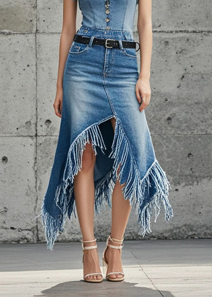 Blue Asymmetrical Patchwork Tasseled Denim Skirts Spring