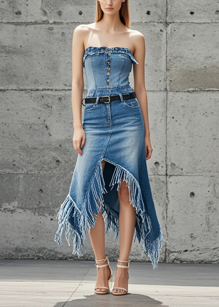 Blue Asymmetrical Patchwork Tasseled Denim Skirts Spring