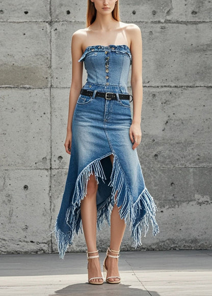 Blue Asymmetrical Patchwork Tasseled Denim Skirts Spring