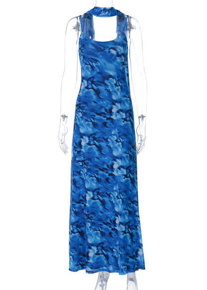 Blue Backless Print Tulle Spaghetti Strap Dress Summer
