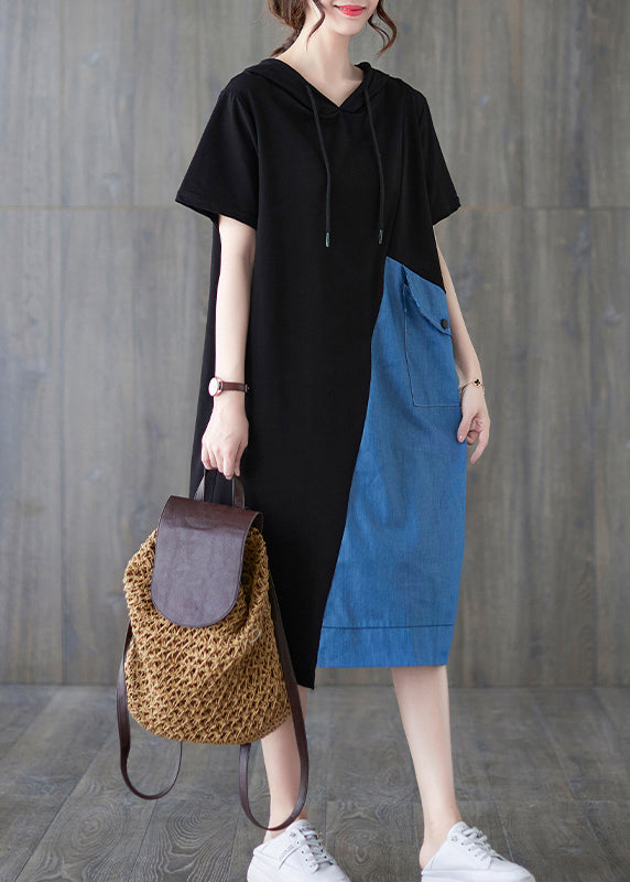 Blue Black Hooded Drawstring Patchwork Dress Short Sleeve