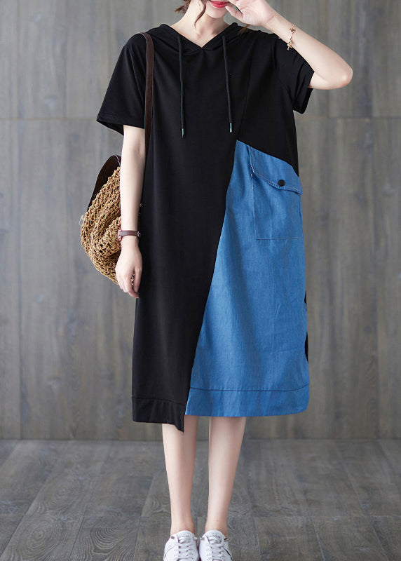 Blue Black Hooded Drawstring Patchwork Dress Short Sleeve