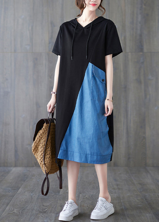 Blue Black Hooded Drawstring Patchwork Dress Short Sleeve