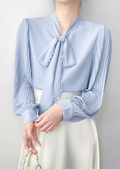 Chic Blue Bow Draping Chiffon Pleated Shirts Spring