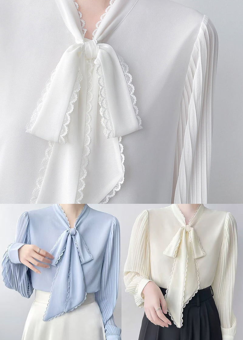 Blue Bow Draping Chiffon Pleated Shirts Spring