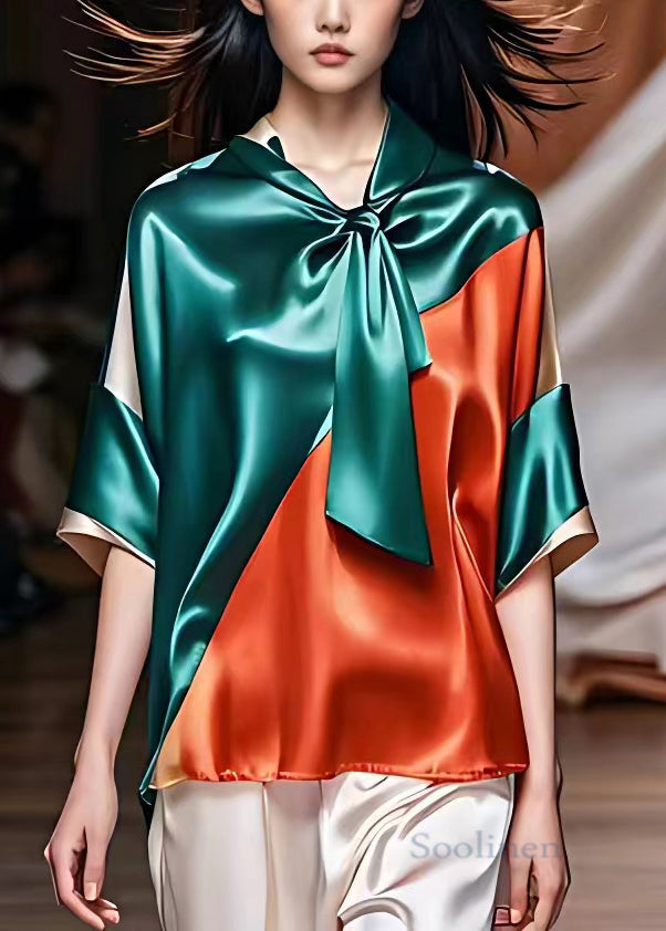 Blue Bow Patchwork Silk Top Half Sleeve