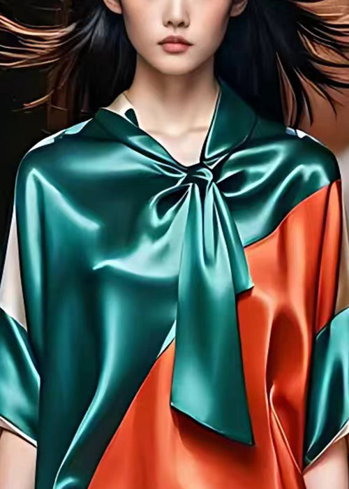 Blue Bow Patchwork Silk Top Half Sleeve