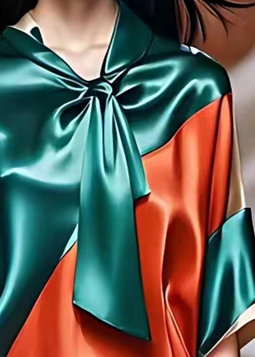 Blue Bow Patchwork Silk Top Half Sleeve