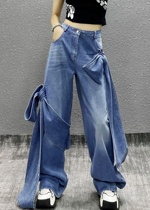 Blue Bow Pockets High Waist Denim Pants Summer