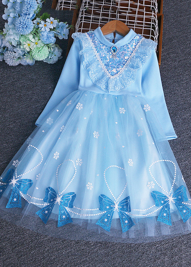 Blue Bow Sequins Patchwork Warm Fleece Baby Dress Winter