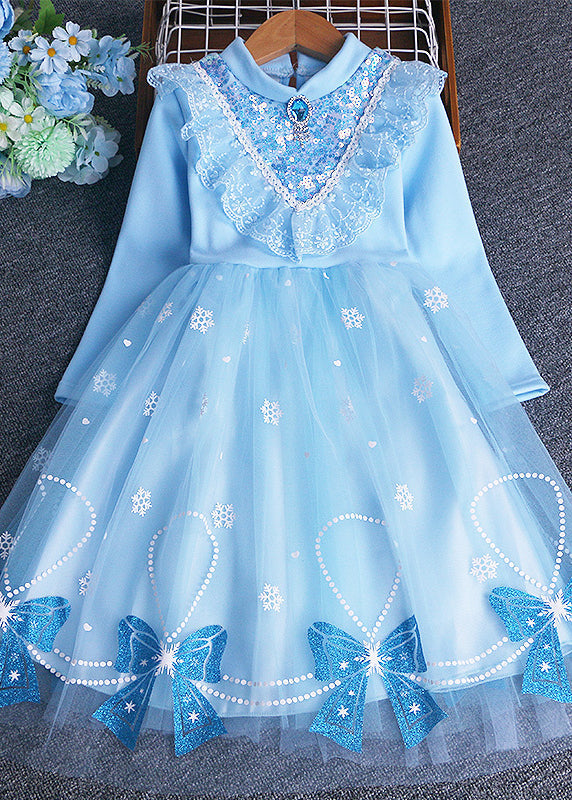 Blue Bow Sequins Patchwork Warm Fleece Baby Dress Winter
