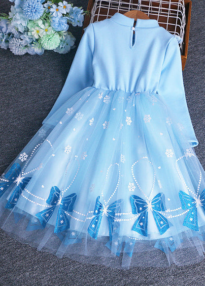 Blue Bow Sequins Patchwork Warm Fleece Baby Dress Winter