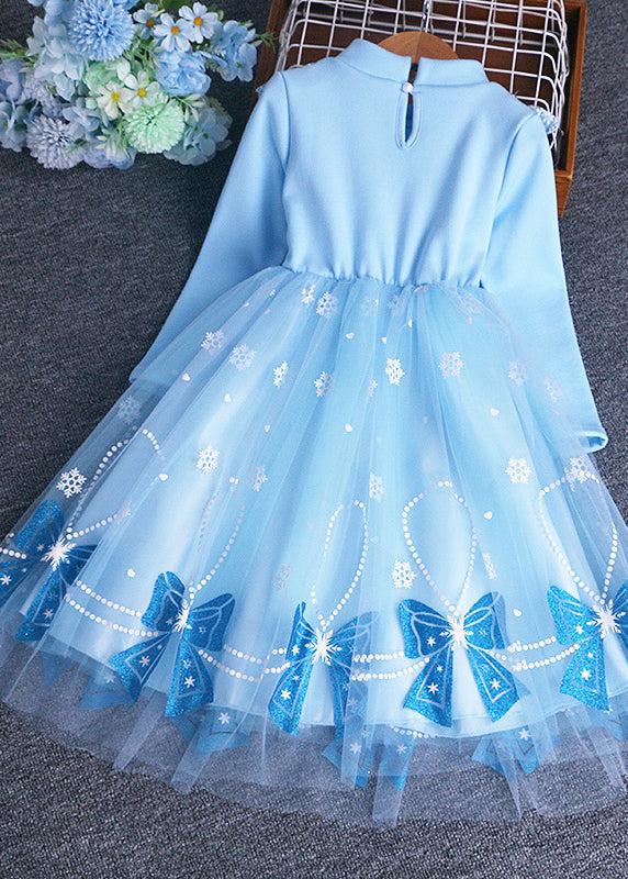 Blue Bow Sequins Patchwork Warm Fleece Baby Dress Winter