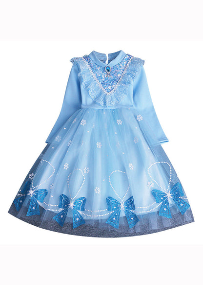 Blue Bow Sequins Patchwork Warm Fleece Baby Dress Winter