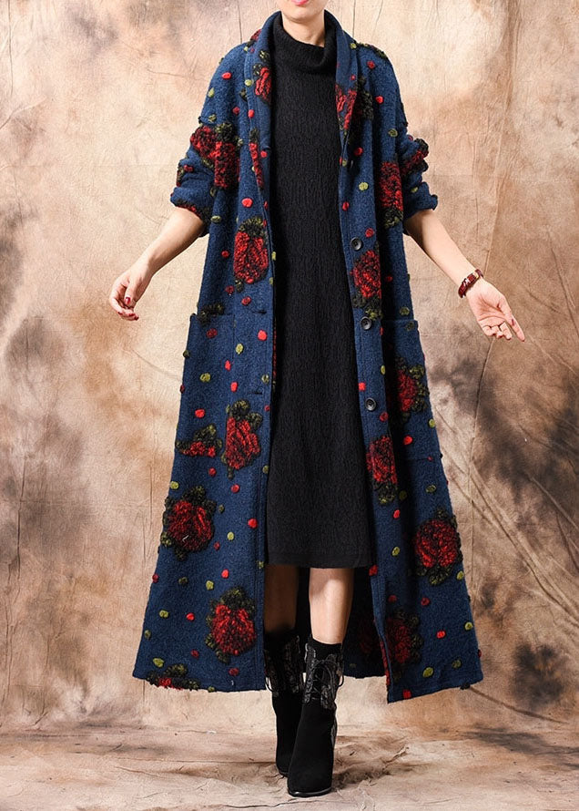 Blue Button Jacquard Winter Woolen Coats