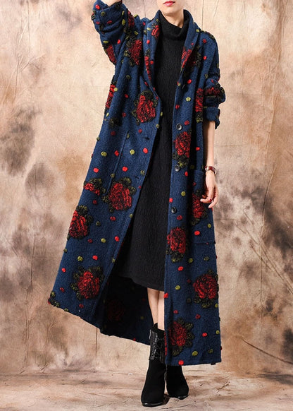 Blue Button Jacquard Winter Woolen Coats