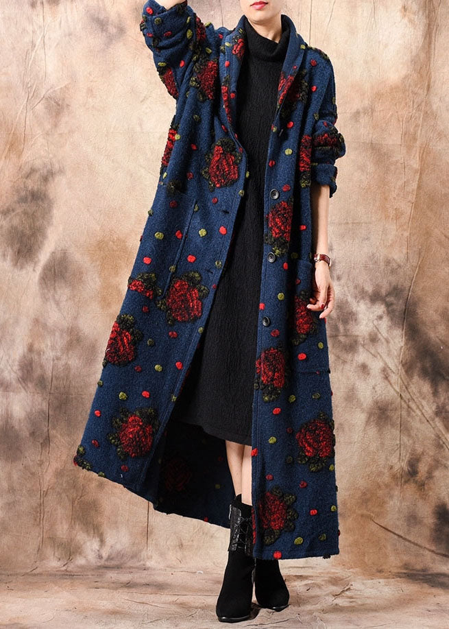 Blue Button Jacquard Winter Woolen Coats