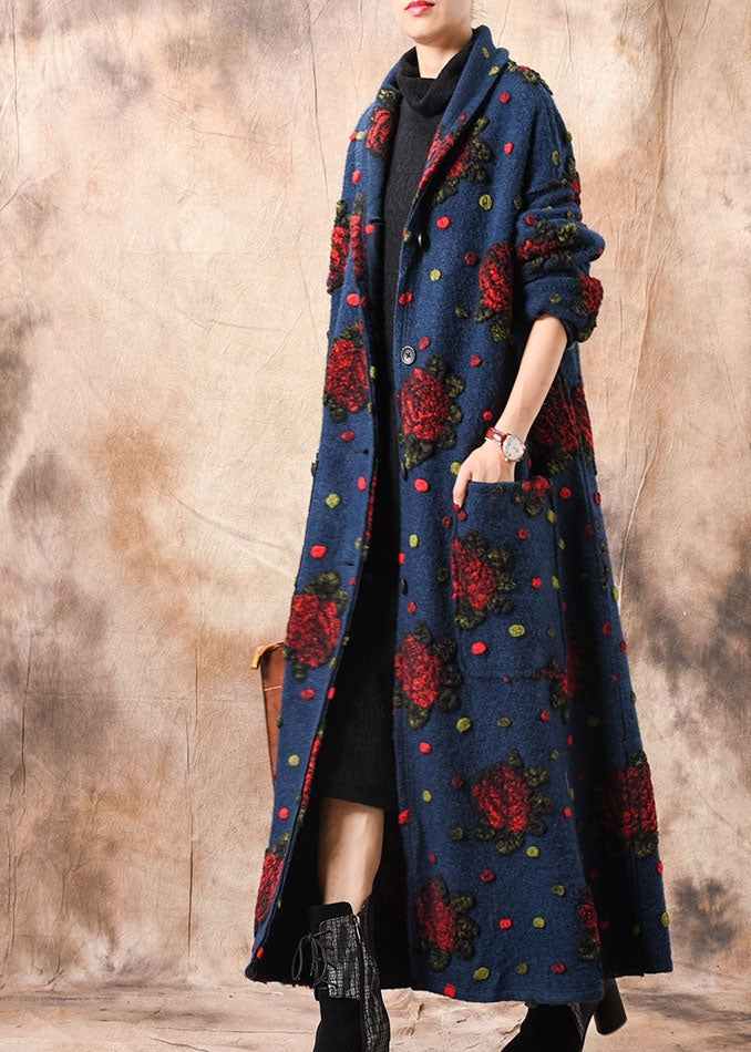 Blue Button Jacquard Winter Woolen Coats