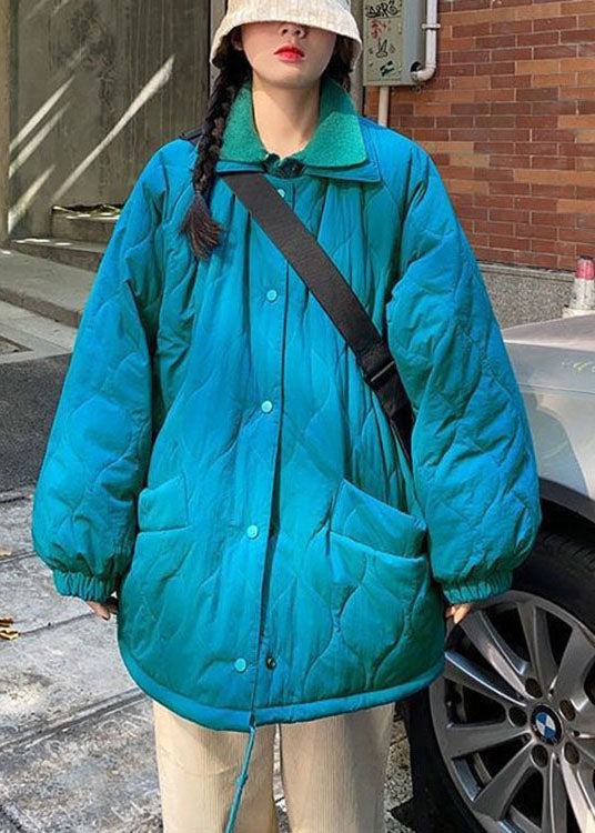 Blue Button Pockets Winter Cotton Coat