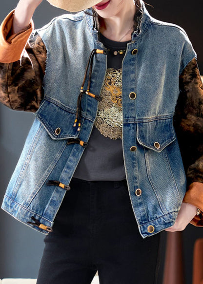 Blue Button Print Patchwork Denim Coat Spring
