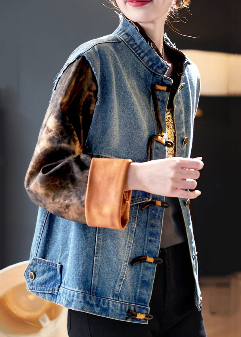Blue Button Print Patchwork Denim Coat Spring