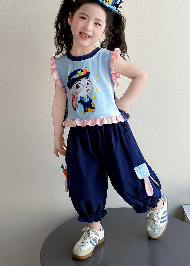 Blue Cartoon Print Ruffled Vest and Crop Pants Two Piece Set Summer