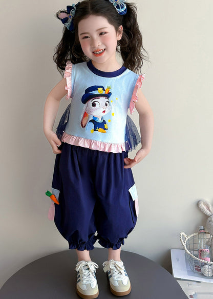 Blue Cartoon Print Ruffled Vest and Crop Pants Two Piece Set Summer