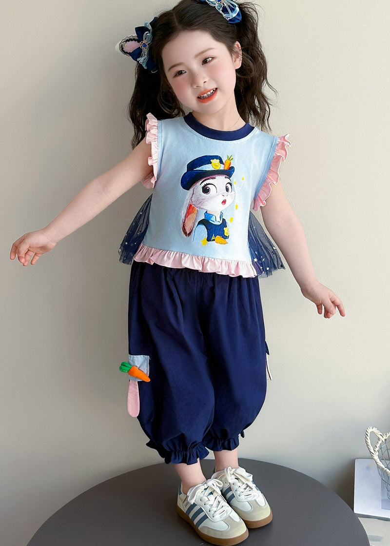 Blue Cartoon Print Ruffled Vest and Crop Pants Two Piece Set Summer