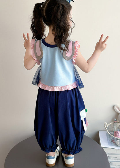 Blue Cartoon Print Ruffled Vest and Crop Pants Two Piece Set Summer