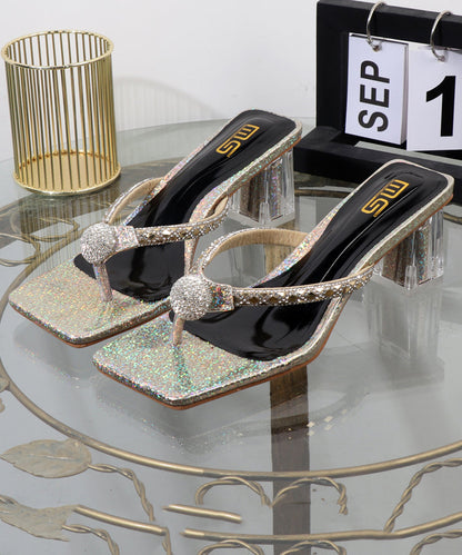 Blue Chunky Heel Flip Flops Blue Faux Leather Zircon