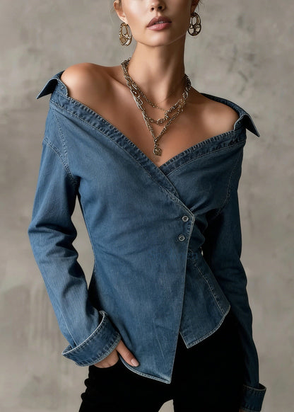 Chic Blue Cold Shoulder Asymmetrical Design Denim Shirts Spring